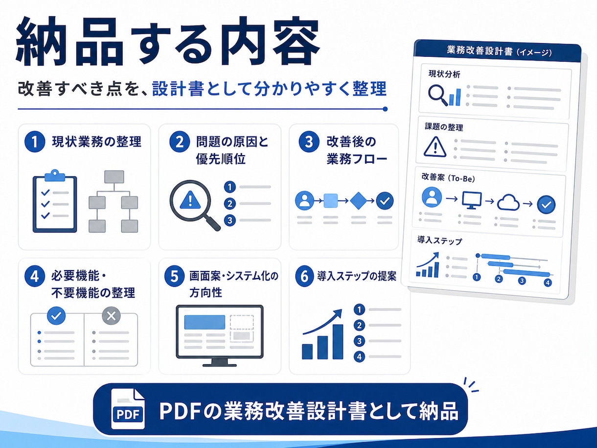 紙・Excel業務の問題を整理し改善設計書作ります 現場と管理側の認識をそろえ、システム導入前の失敗を防ぎます イメージ4