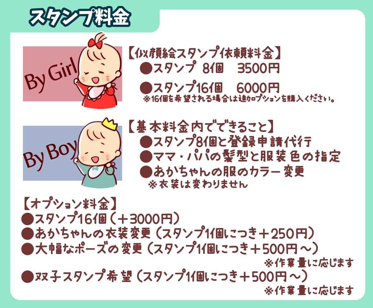 可愛い似顔絵でジェンダーリビールLINE制作します あなたの似顔絵がスタンプに！友達や親戚に可愛く楽しく妊娠報告 イメージ2