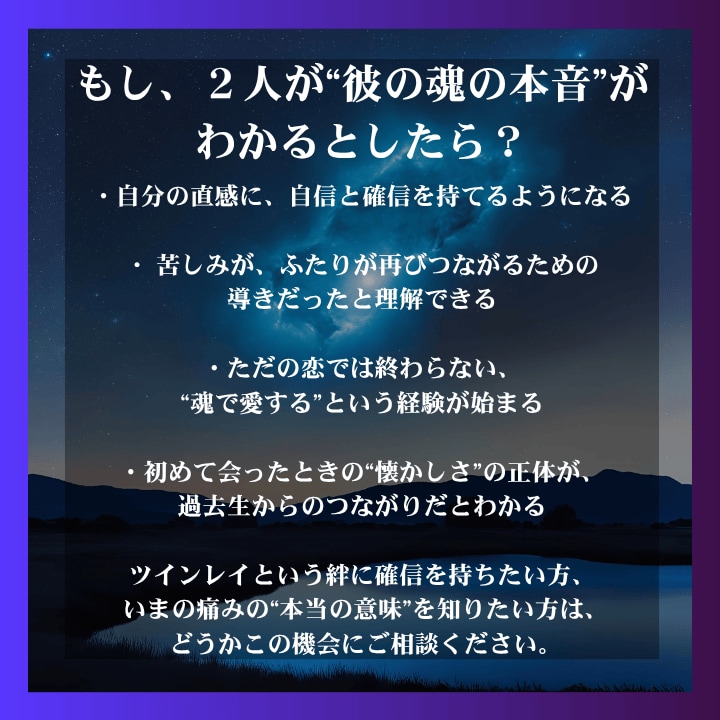 彼との関係、その感情の意味を霊視で明らかにします 魂の片割れに出逢ったあなたへ──“痛み”が導く統合のサイン イメージ4