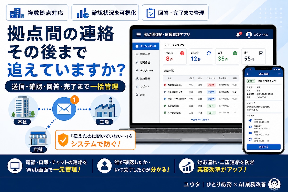複数拠点の連絡・依頼管理アプリを構築します 送信・確認・回答・完了までWeb画面で一括管理 イメージ1