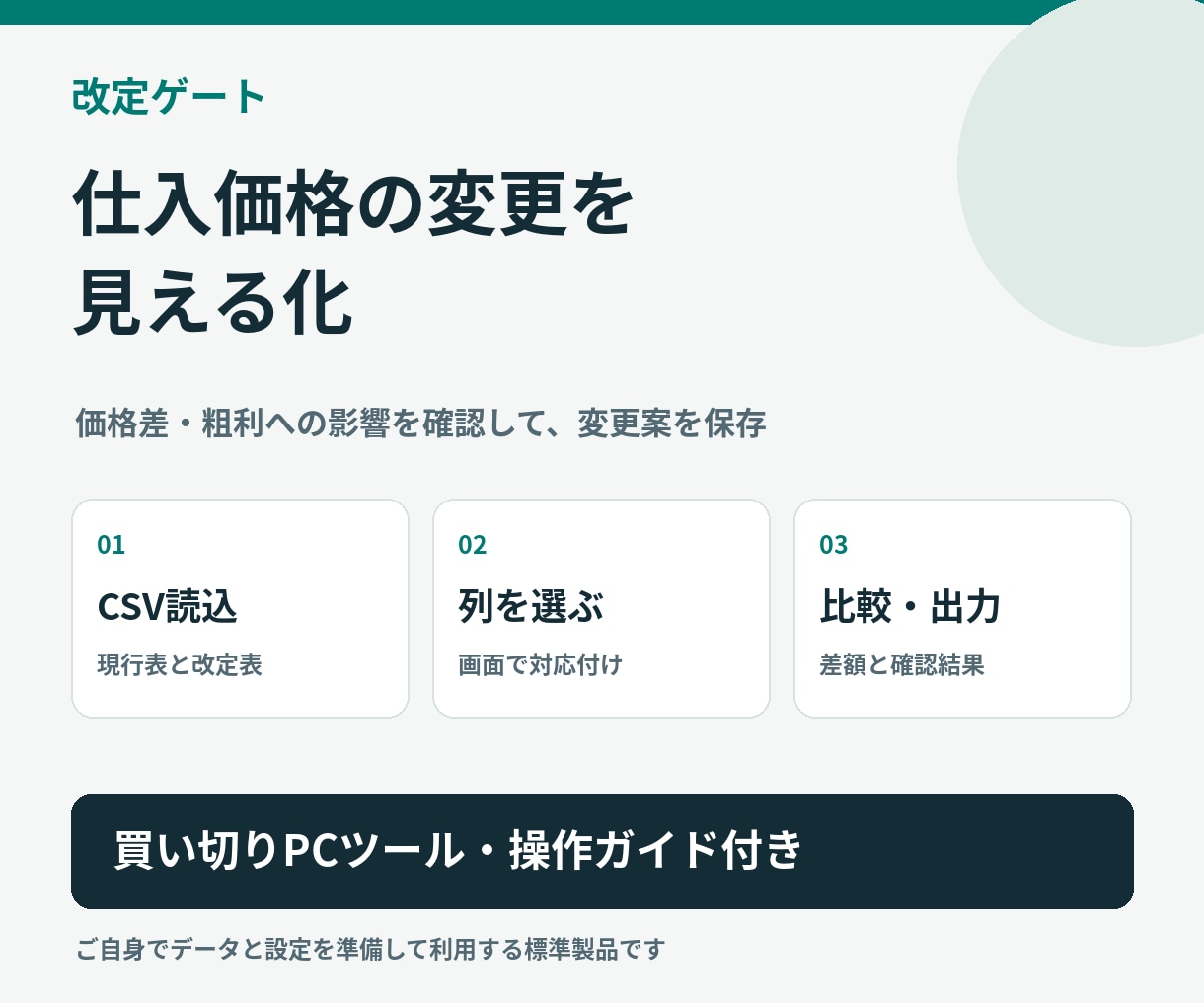 仕入価格表の比較・改定チェックを自動化します 列の対応を自分で設定、価格差と確認が必要な行を一覧に イメージ1