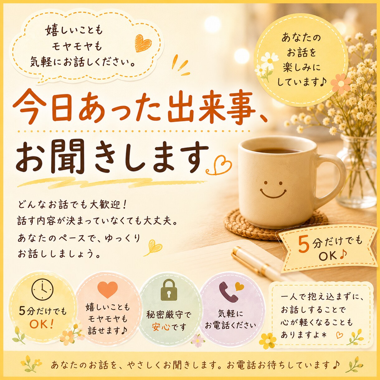 今日あった出来事、お聞きします 嬉しいこともモヤモヤも気軽にお話しください。 イメージ1