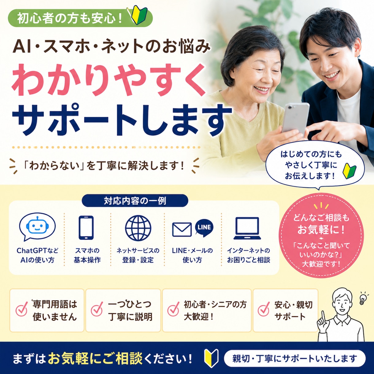 AI、ネットのお悩み、初心者の方サポートします 専門用語は使わず、初心者の方にも分かりやすくご説明します。 イメージ1