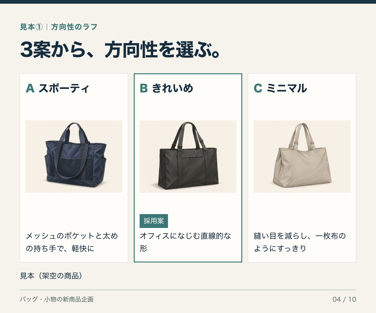 バッグ・小物の新商品を企画書とデザインラフにします ラフ3案から選んで、提案に使える企画書に イメージ4