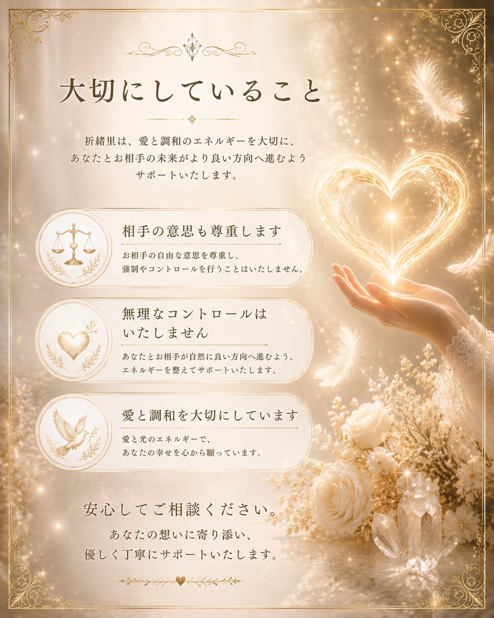 ご縁を整え、想いを丁寧に届けるヒーリングをします 安心の中で、ご縁と心を優しく整えます。 イメージ7