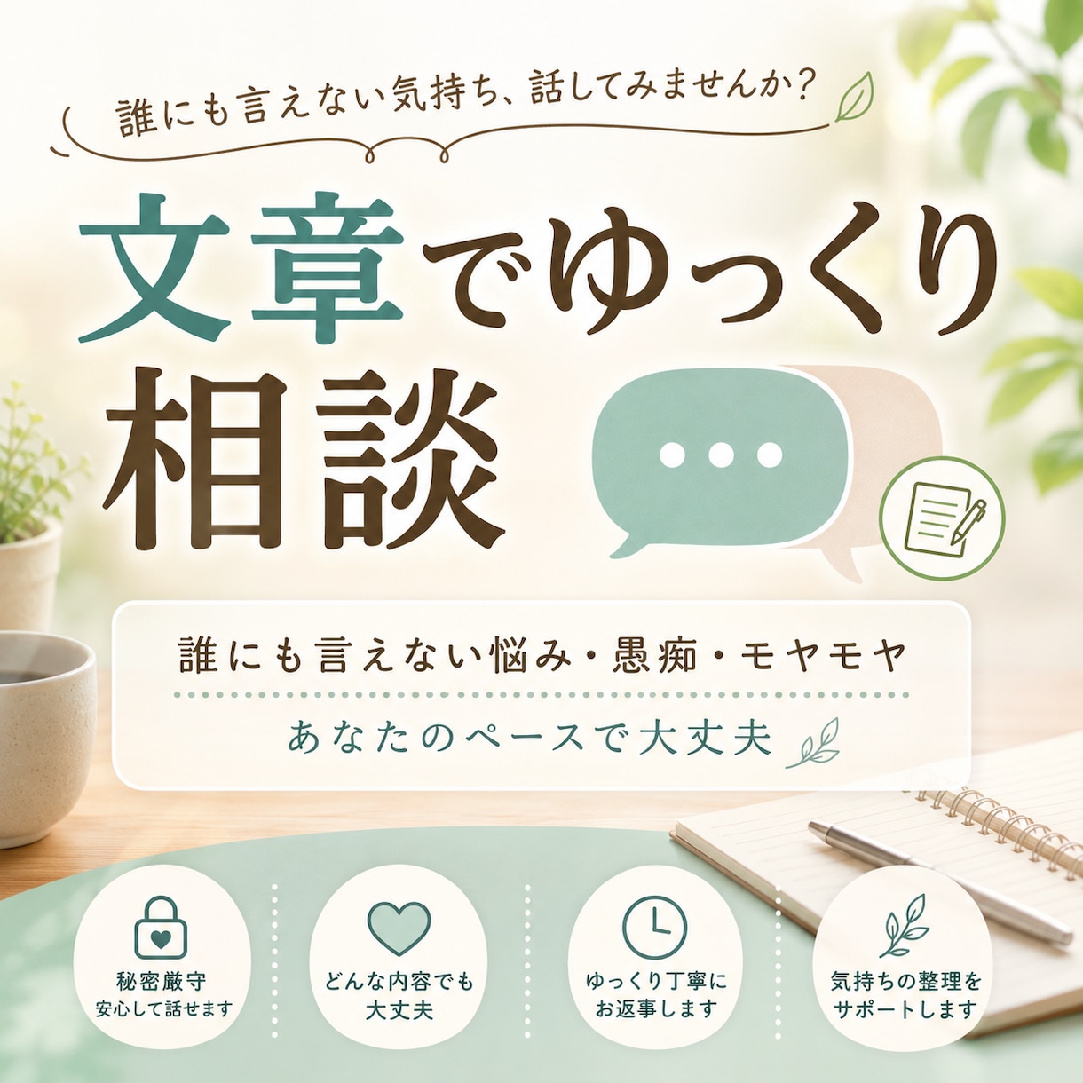 誰にも言えない悩みを文章でじっくり聴きます 「焦らずゆっくり、あなたのペースでお話しください」 イメージ1