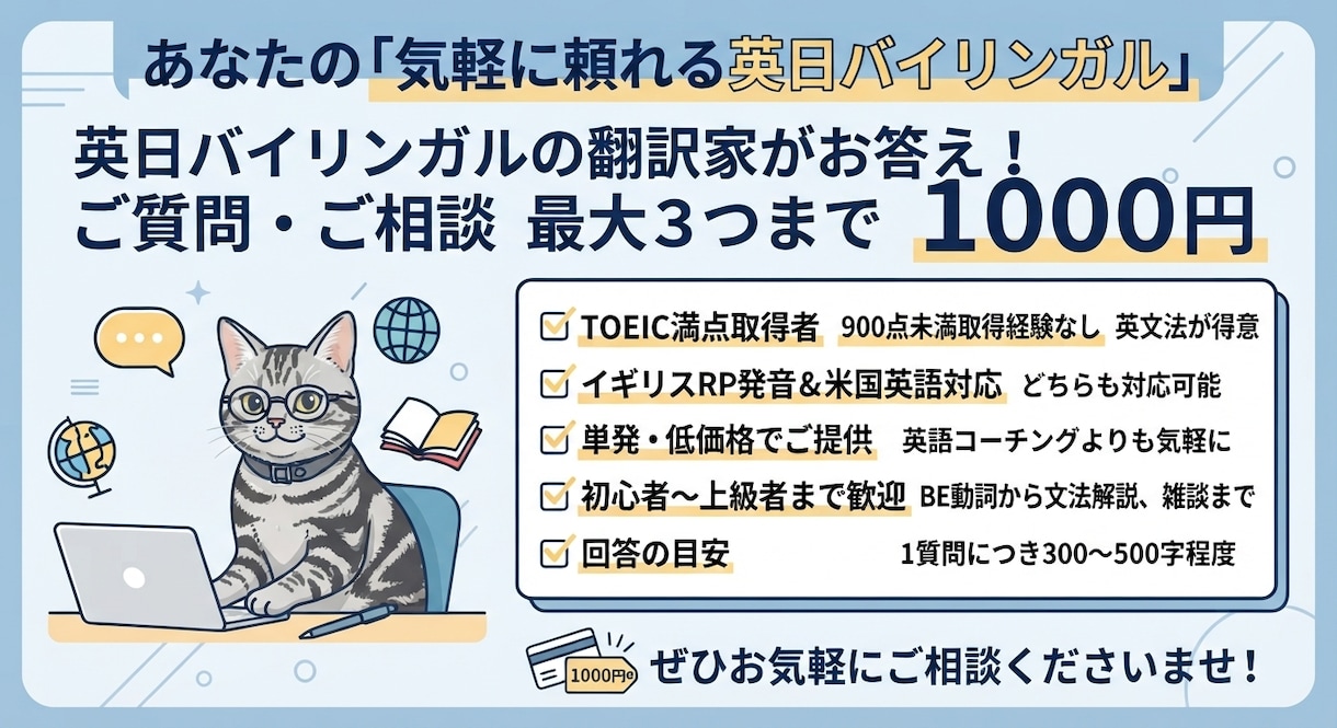 TOEIC満点のバイリンガルが質問・相談対応します 英語のご質問、ご相談承ります！ イメージ2