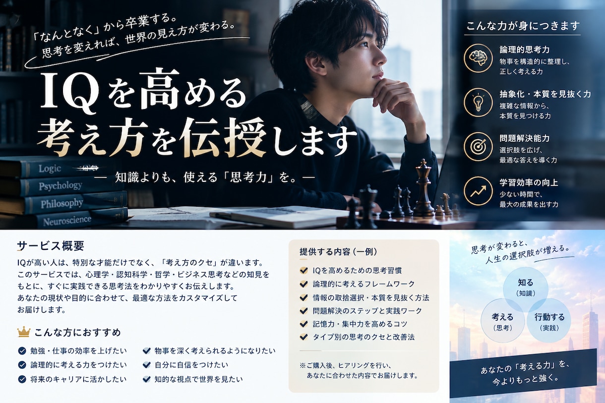 思考力を鍛える考え方を伝授します 思考を磨いて、理想の自分に近づこう。 イメージ1