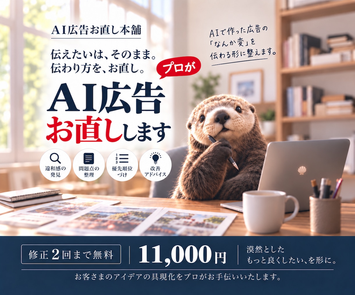 AIで作った広告の「なんか違う」をお直しします 伝えたいは、そのまま。伝わり方を、お直し。 イメージ1