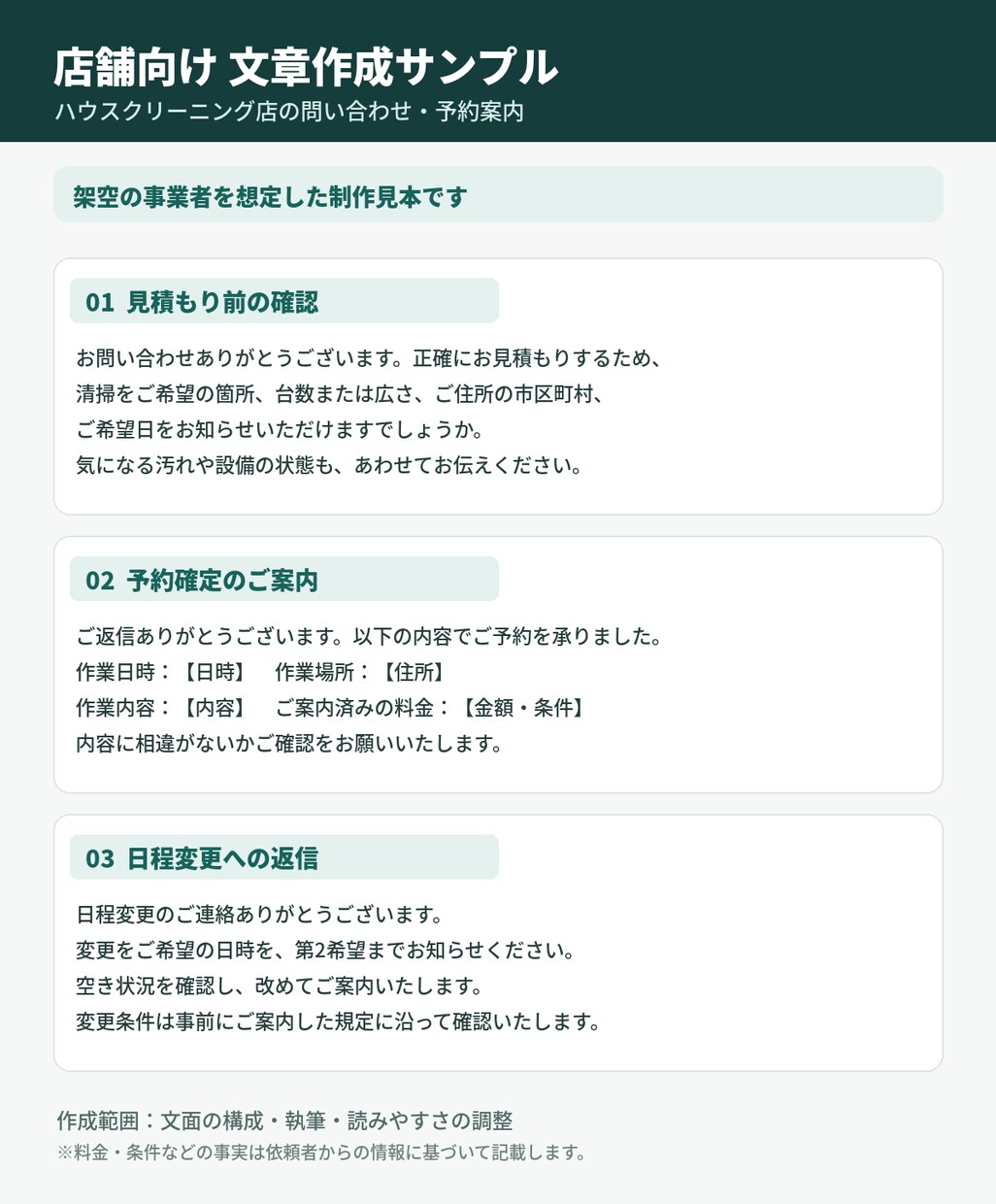 清掃店の予約・問い合わせ返信文を作ります 店舗運営経験を生かし、確認事項も伝わる文面に整えます イメージ1