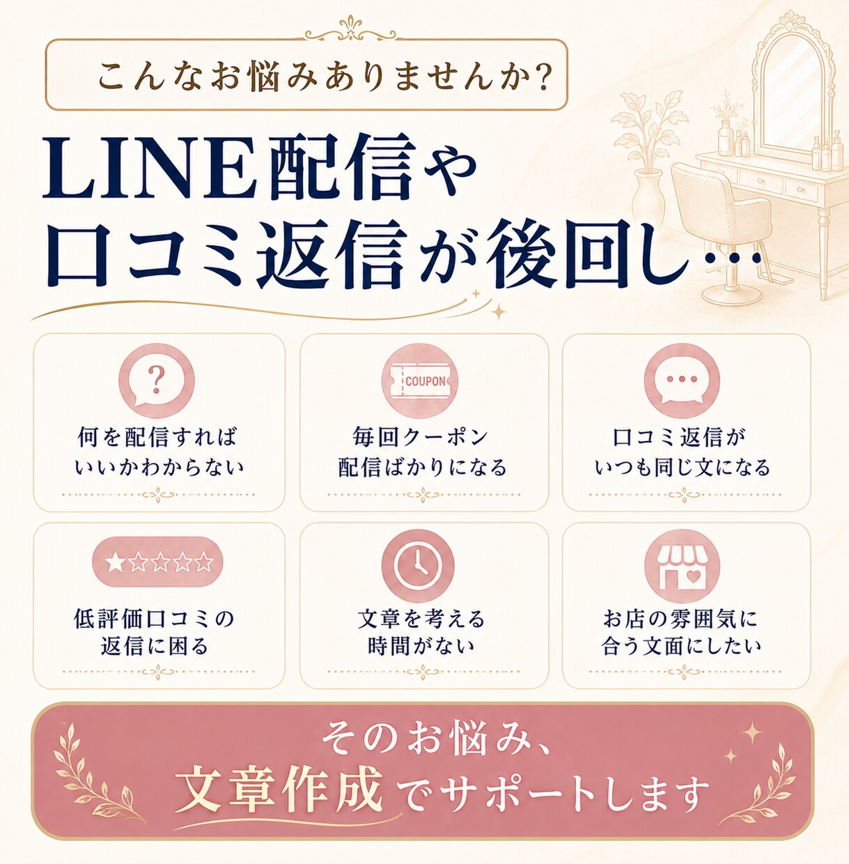 美容室・エステ向けLINEや口コミ返信文作成します LINEやSNSで配信文や口コミ返信文でお悩みのオーナー様 イメージ2