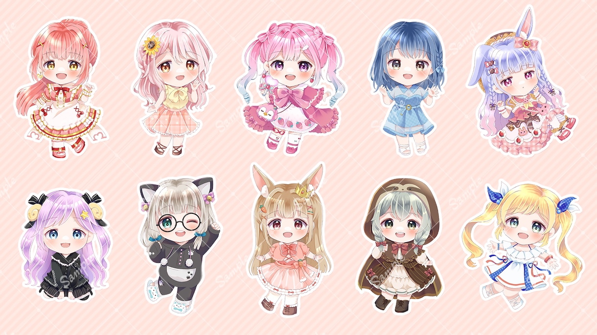 商用OK！淡くてぷにっと可愛いミニキャラ描きます 小物のみも可♪かわいいお衣装やポーズもお任せください！ イメージ8