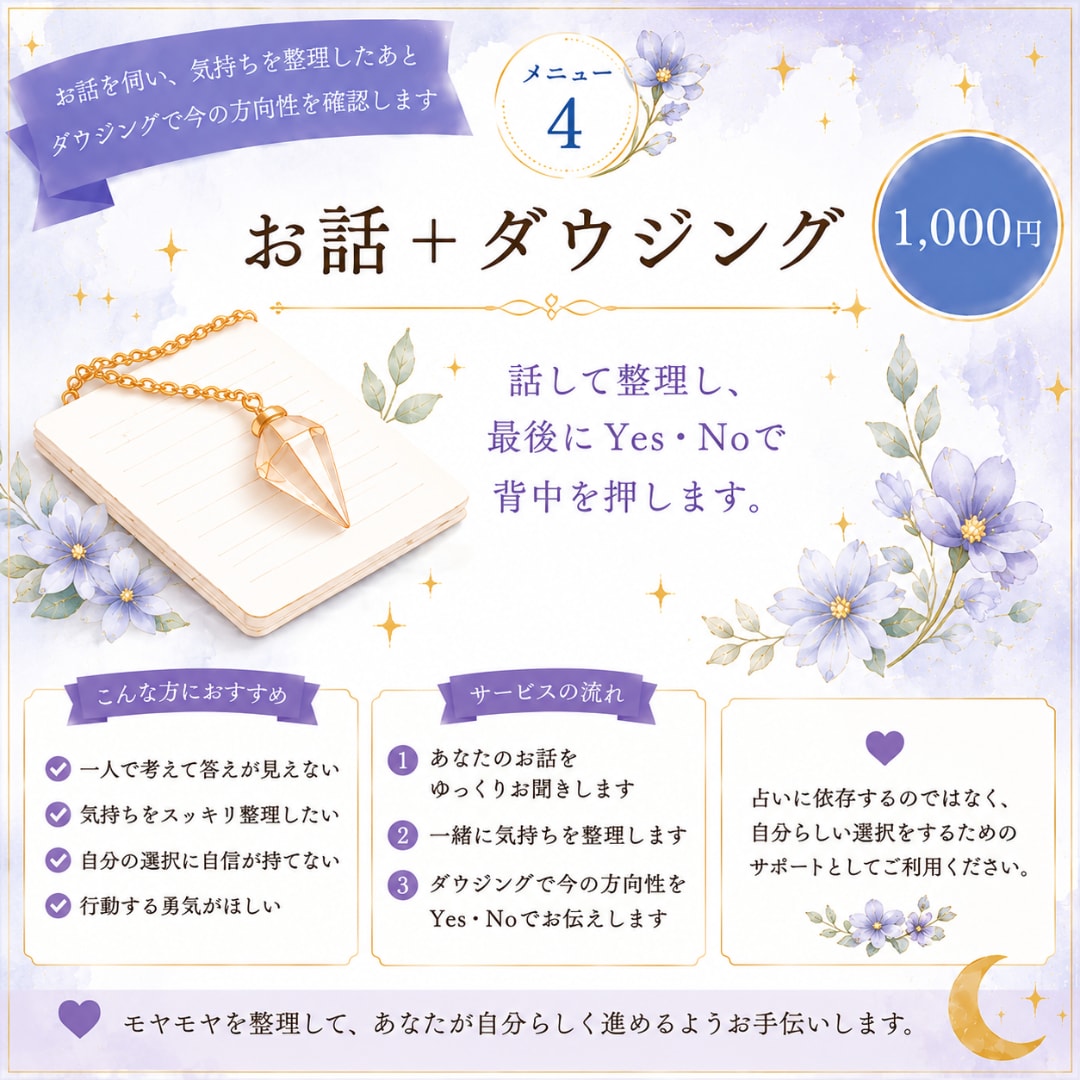 3往復｜お話し×ダウジングで今の方向性を確認します モヤモヤを整理して、最後にYes・Noで背中を押します。 イメージ1