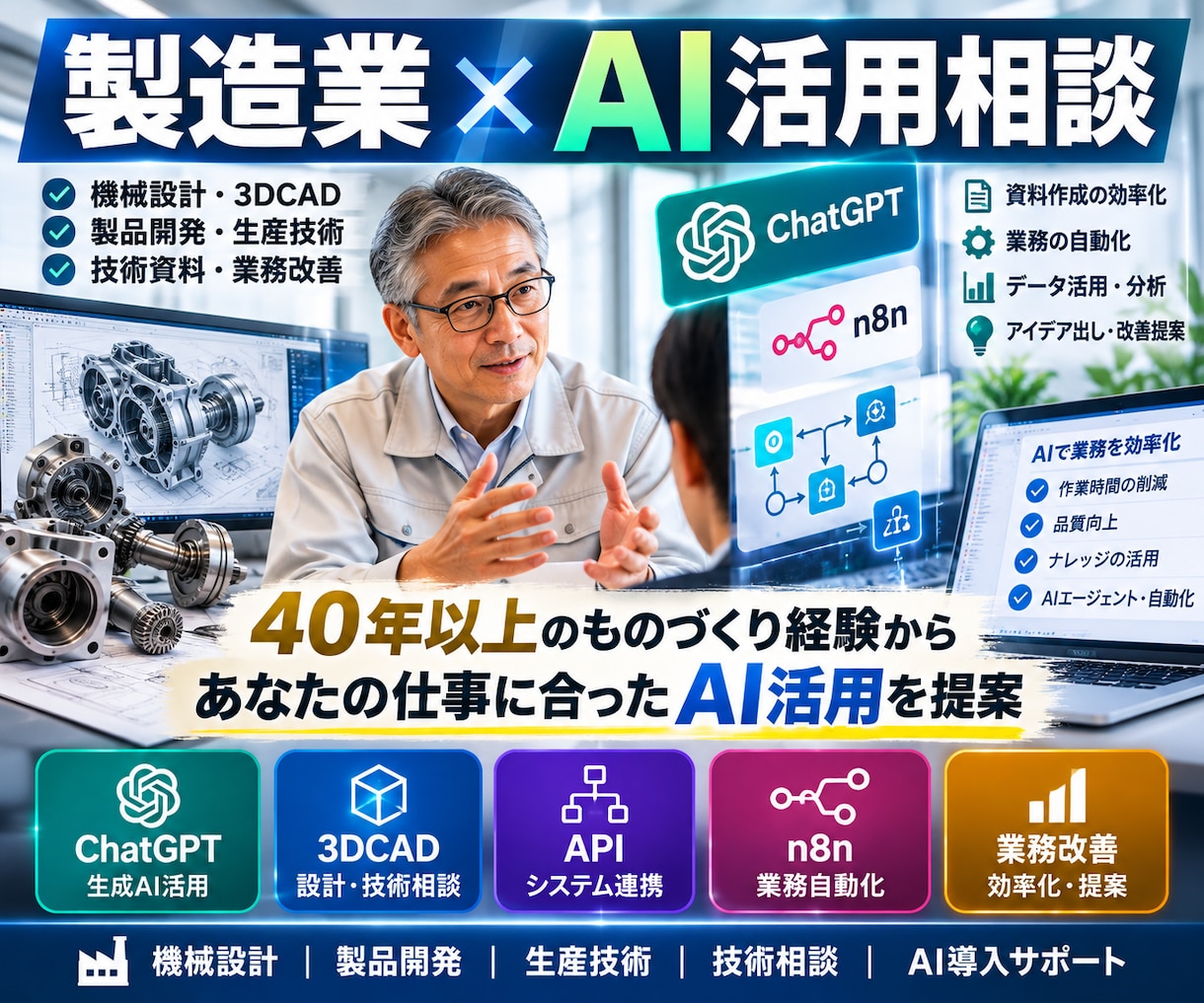製造業AI活用を実務目線で提案ます 40年以上の経験から、業務に合うAI活用法を一緒に考えます イメージ1