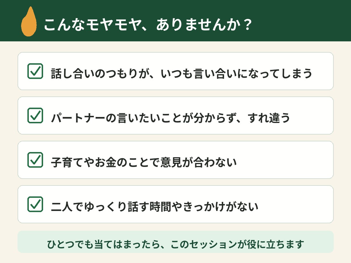 夫婦で学ぶ、パートナーの話の聴き方を伝授します 言い合いになる前に、聴く。夫婦の対話レッスン60分 イメージ2