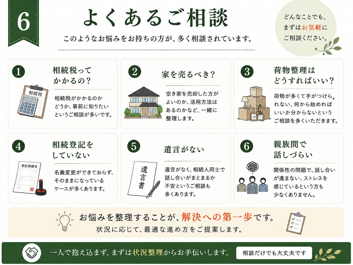 実家の相続と家じまい、何から始めるか整理します 相続案件数百件。税理士法人での実務経験をもとに相談を承ります イメージ6