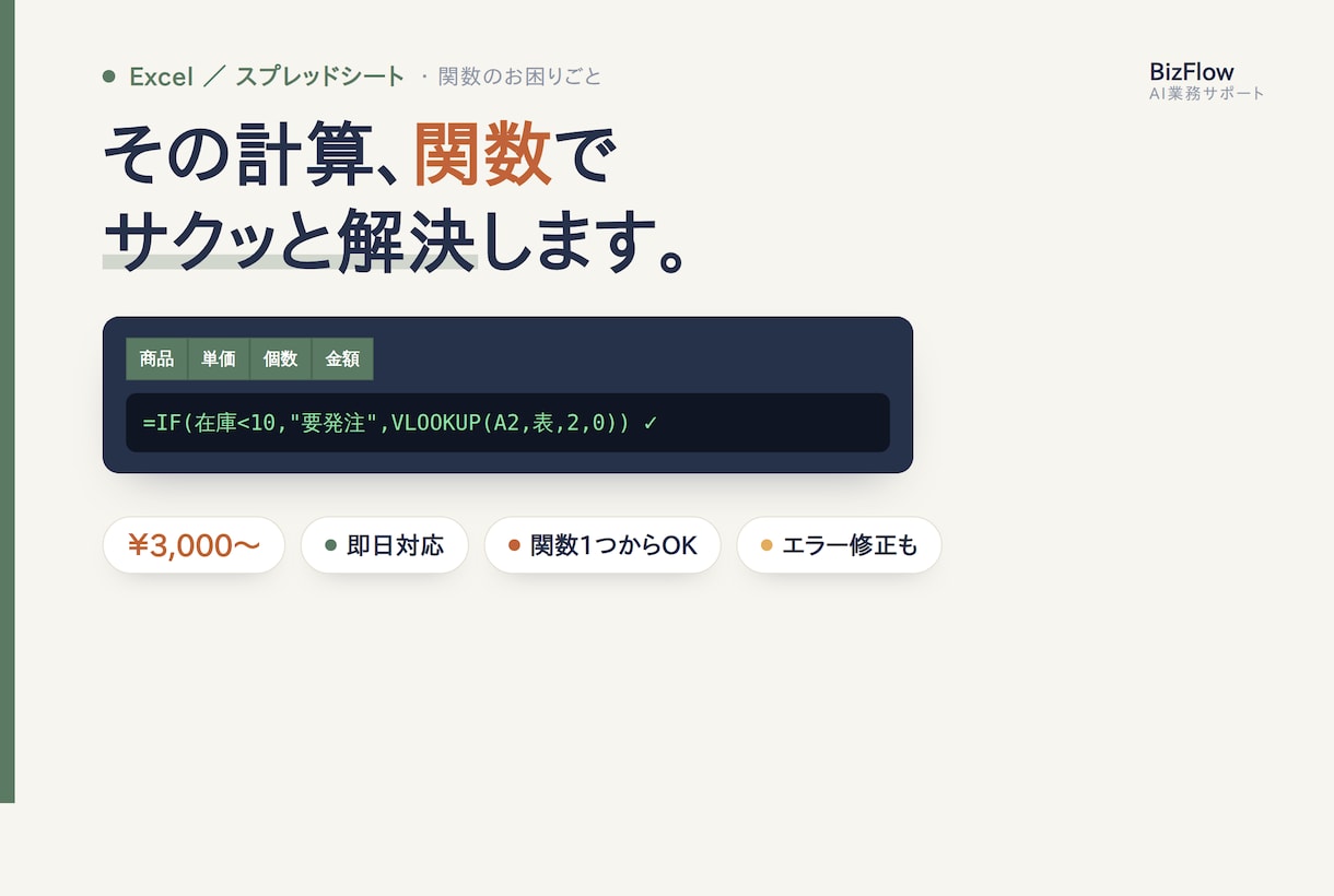 Excelの関数・数式をAIで作成・修正します 解説・別解つきで即日解決。動くまで無制限修正・返金保証 イメージ1