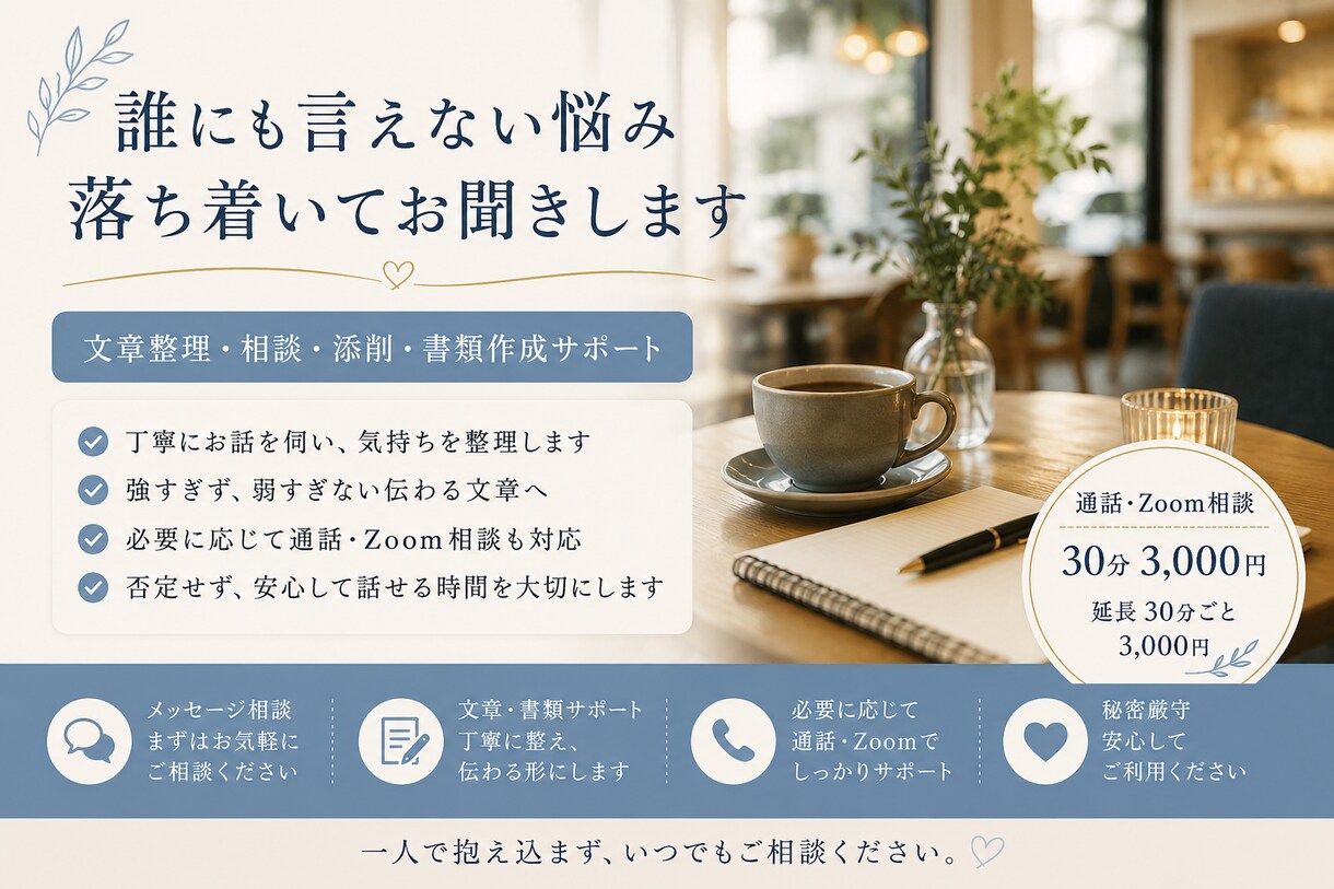 疲れた心に、静かに寄り添います 気持ちを整理し、心を少し軽くする対話を心がけます イメージ1