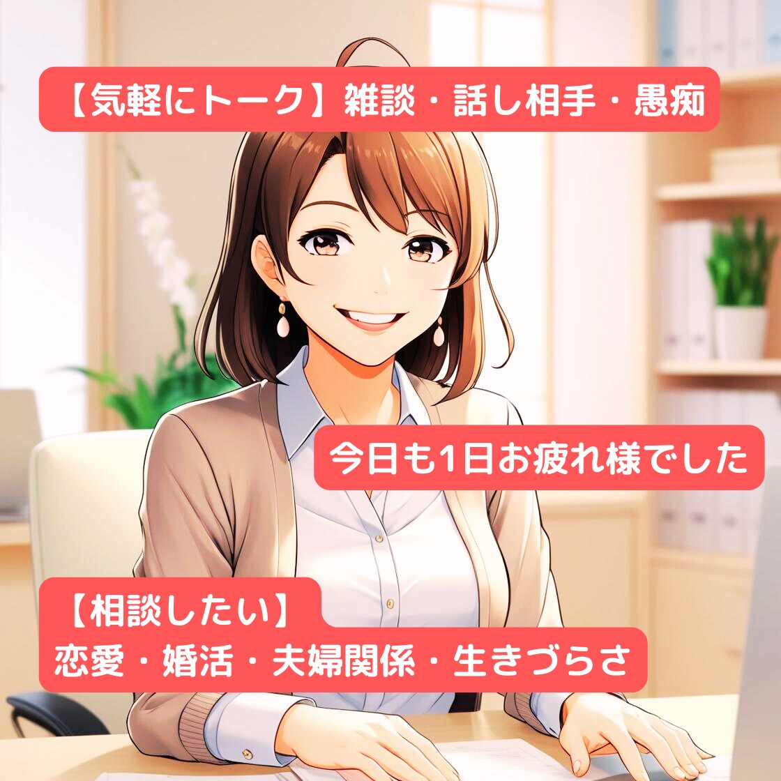 あなたの味方として優しく寄り添います 気軽な雑談〜悩み相談まで優しい声とトークで寄り添います☺️ イメージ1