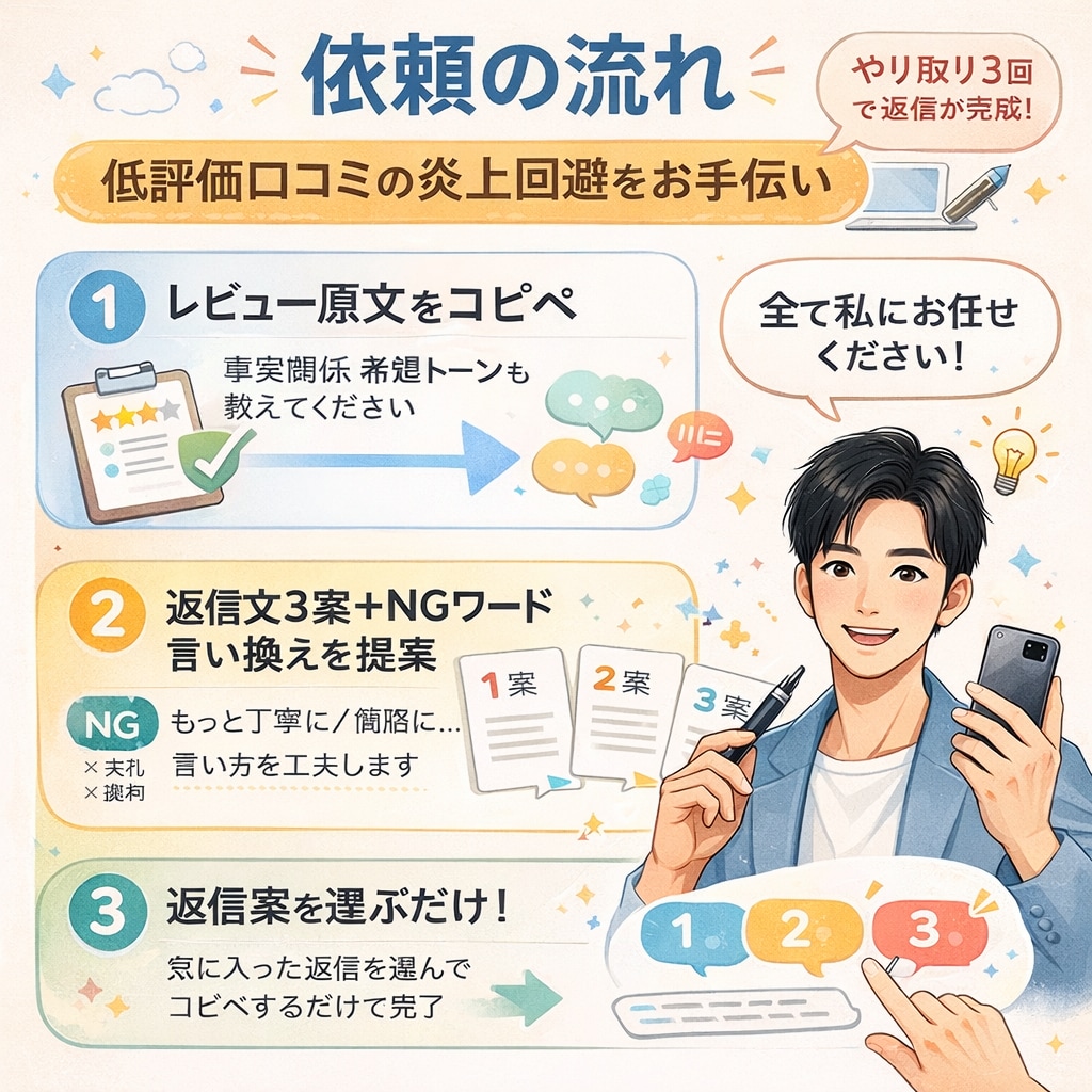Google低評価口コミの返信文3案作りますます 炎上回避＆信頼回復につながる3案 イメージ2