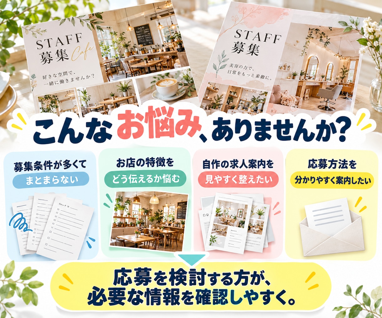 店舗のスタッフ募集チラシを制作します 仕事内容・勤務条件・応募方法が分かる求人案内へ イメージ2