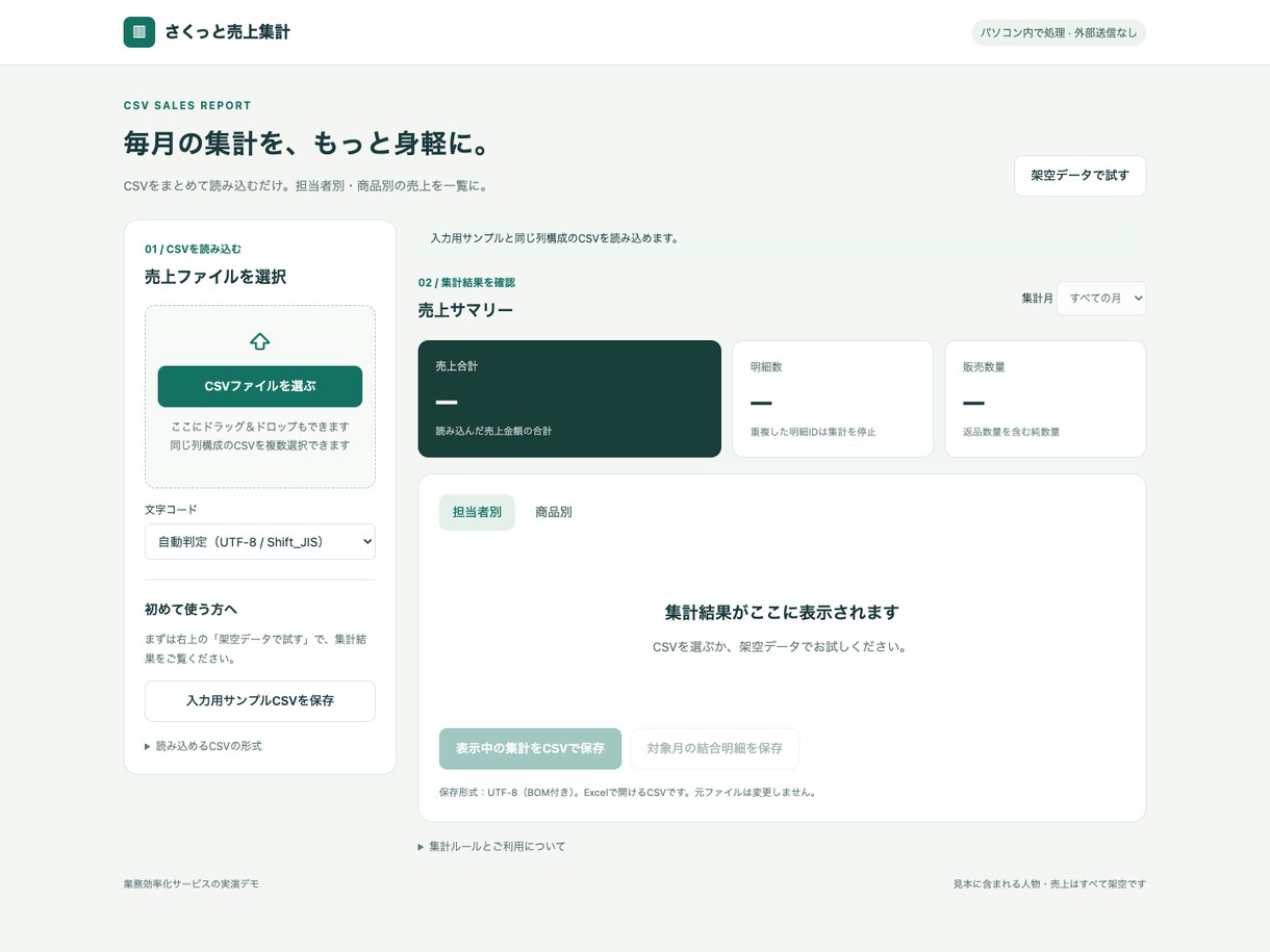 毎月のCSV集計を自動化するツールを作ります 複数CSVの結合・担当者別集計を、少ない操作で イメージ2