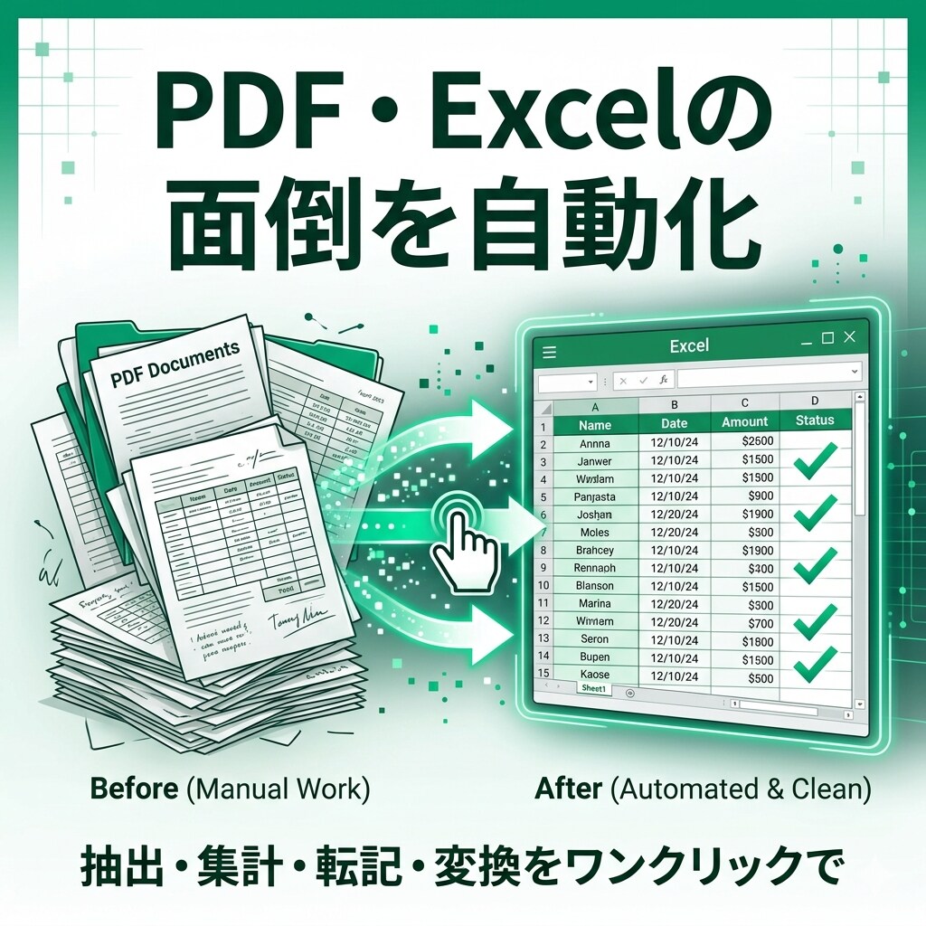 ExcelやPDFの作業を自動化します PDFからExcelへ抽出・集計・転記を自動でミスなく イメージ1