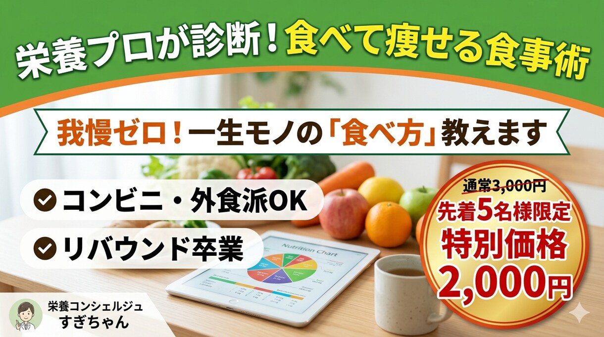 限定5名】栄養のプロが痩せる食事法を伝授します 「糖質制限、もう限界」というあなたへ。食べて痩せる新常識を イメージ1