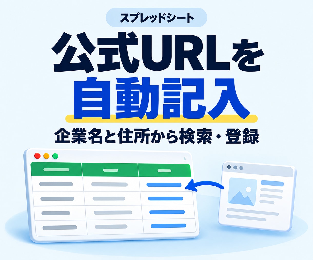 スプレッドシートに公式URLを自動記入します 企業名+住所で検索→最上位の表示サイトをスプシに登録 イメージ1