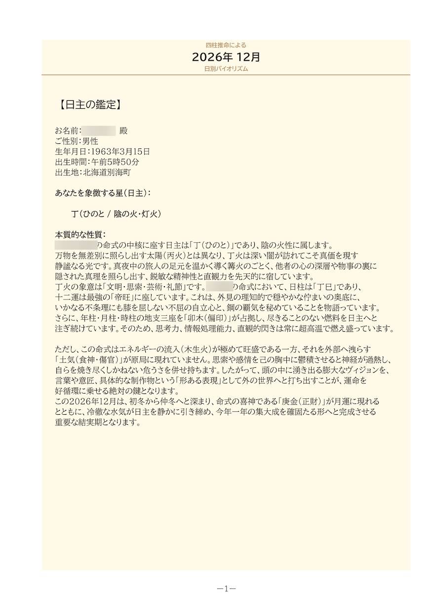四柱推命で１か月間の運勢を可視化します 命式から希望月の日別運気・幸運日と注意日をPDFでお届け イメージ3