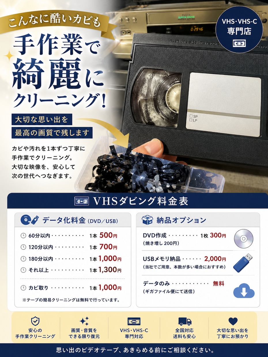 VHSテープをデジタル変換＆DVD化します カビ除去対応。スマホ再生可。プロ用機器で高画質！ イメージ2