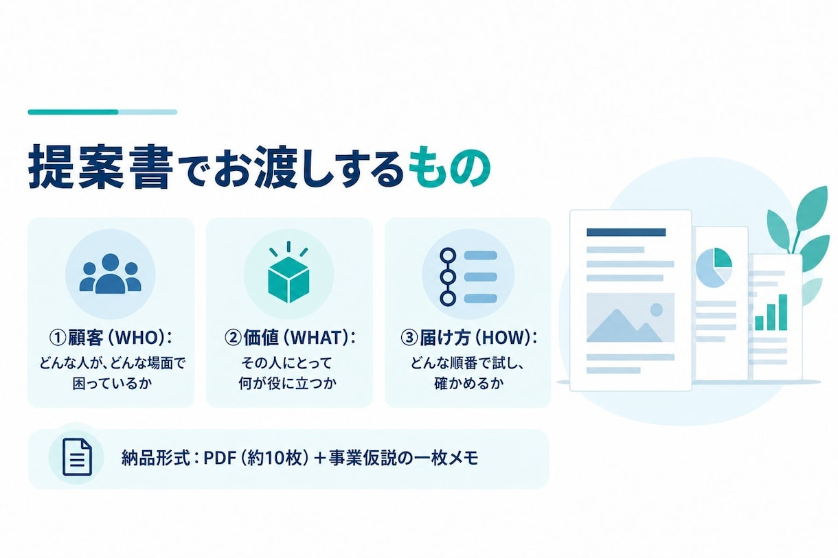顧客と価値から新規事業の提案書を作ります 誰に・何を・どう届けるかを整理し、施策の土台を作ります イメージ2