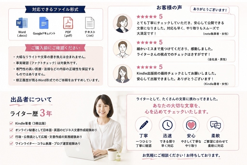 誤字脱字・文章のミスを丁寧にチェックします 誤字脱字や変換ミスを見逃さず、安心して公開できる文章へ。 イメージ3
