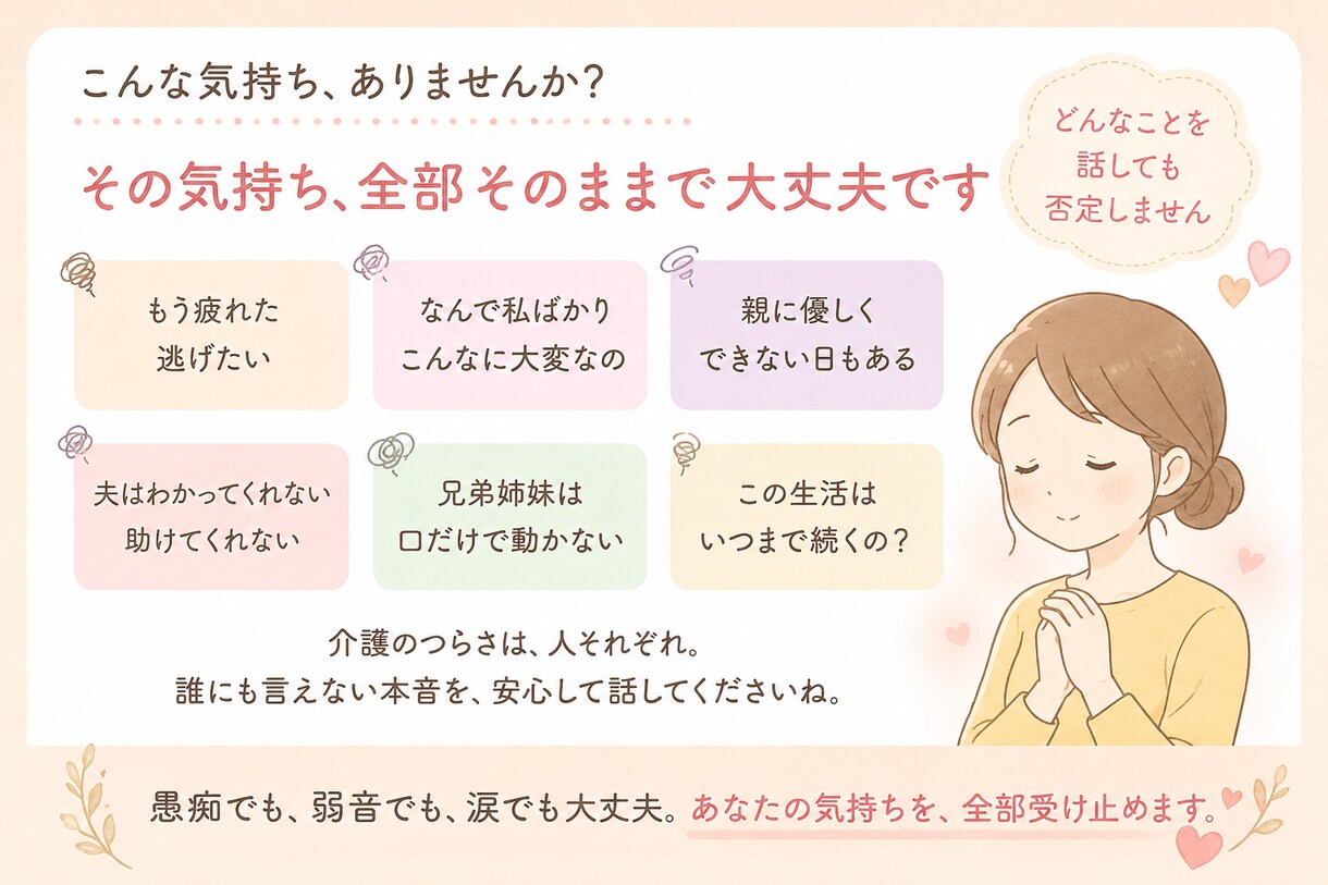 仕事・家事・親の介護に疲れたあなたのお話聴きます 誰にも言えない介護の本音、否定せずお聴きします イメージ4