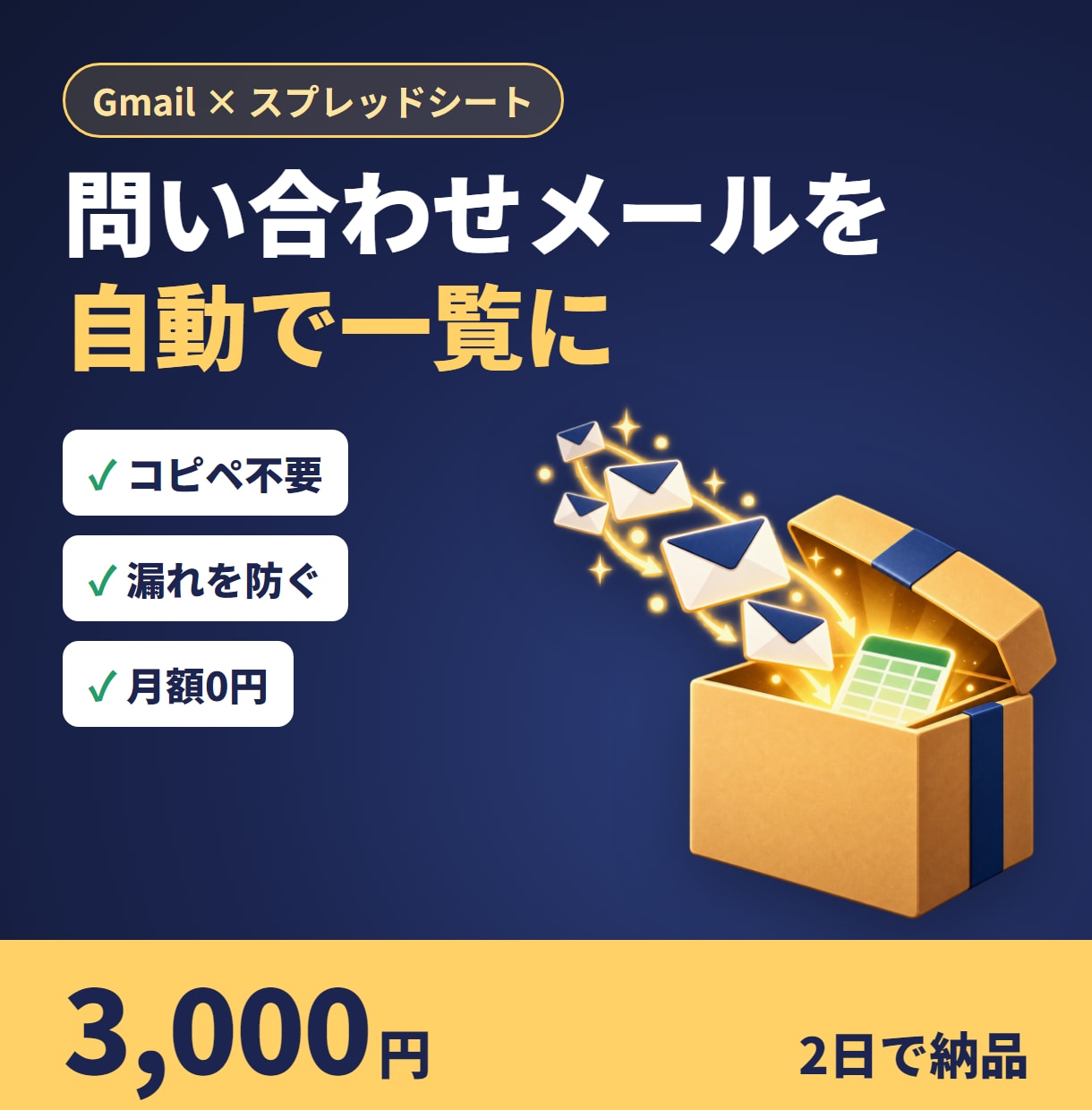 問い合わせをスプレッドシートに自動でまとめます Gmailに届いた問い合わせが、1件1行の表にたまります イメージ1