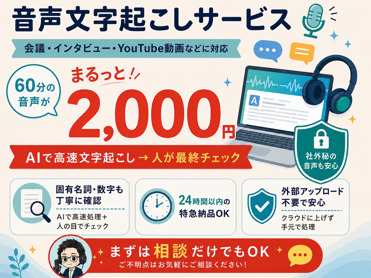 AI×人力チェックで高精度文字起こしします 完全ローカル処理で機密も安心｜60分2,000円・3日納品 イメージ1