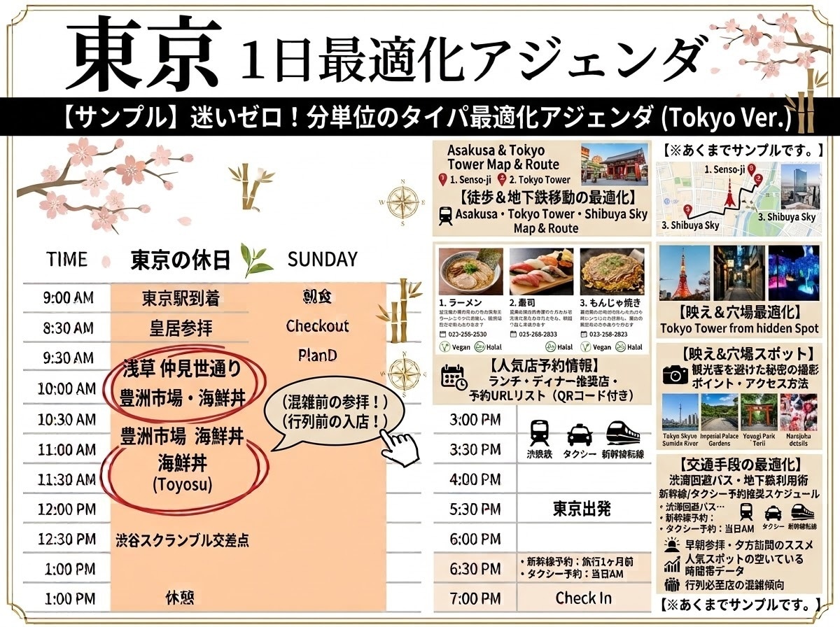東京観光を失敗させない！タイパ×グルメ旅作成します 迷わない移動＆行列回避で最高の東京体験を！Mapピン付 イメージ1