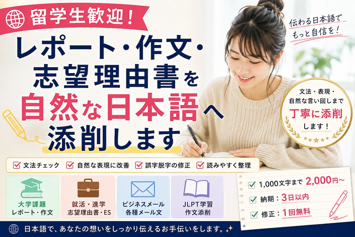 レポート・作文・志望理由書を自然な日本語にします 提出書類・大学課題・就活書類・ビジネスメールにも対応します。 イメージ1