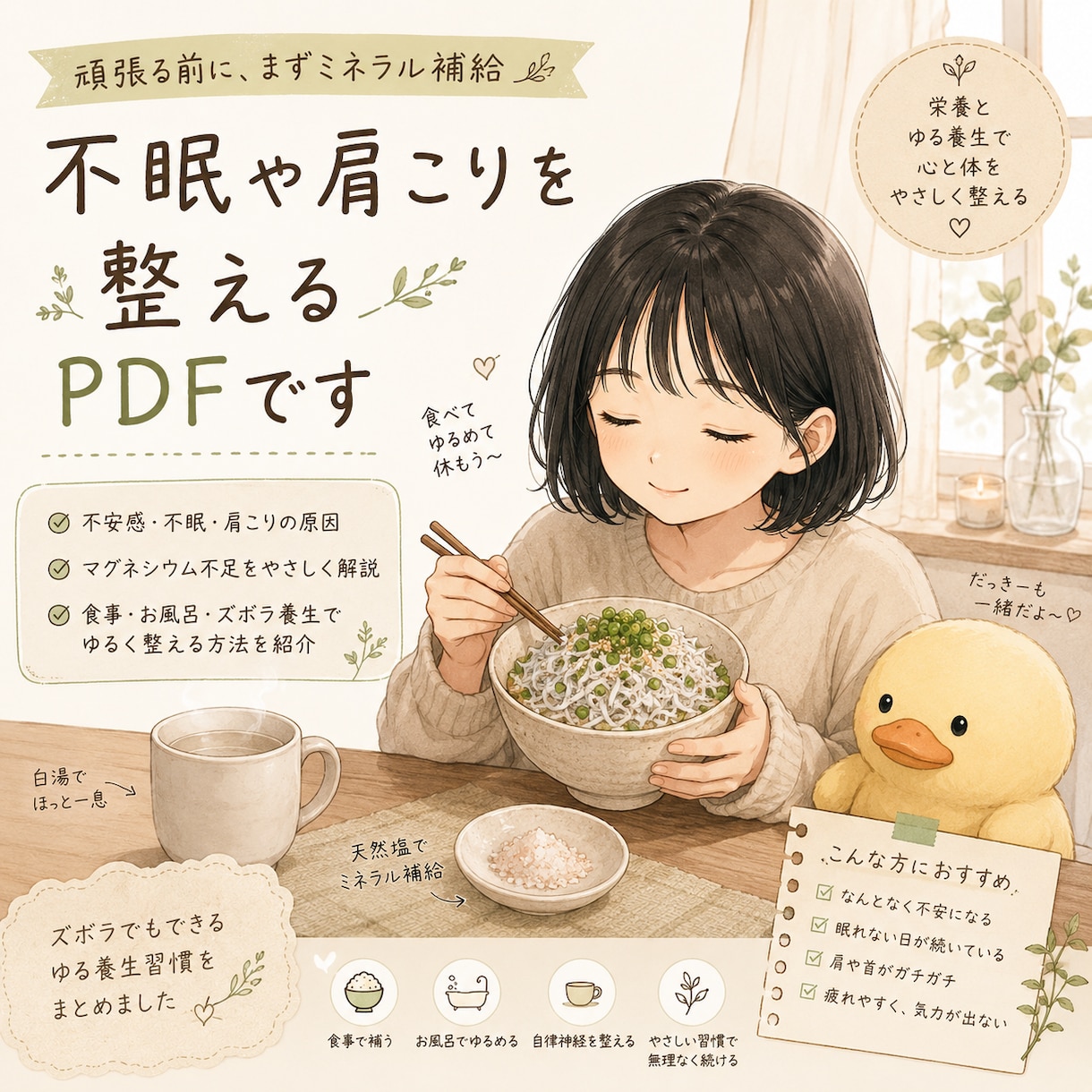 不眠や肩こりを整えるPDF配布します 不安感・不眠・肩こりを“栄養”の視点からやさしく解説します。 イメージ1