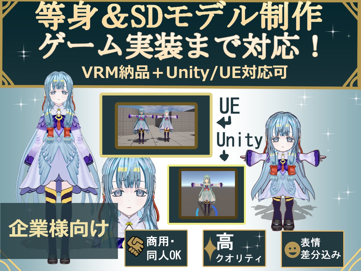 ゲーム実装！等身SD対応企業向け3Dモデル作ります キャラデザ〜3D化まで！Unity/UE即使える高品質モデル イメージ1