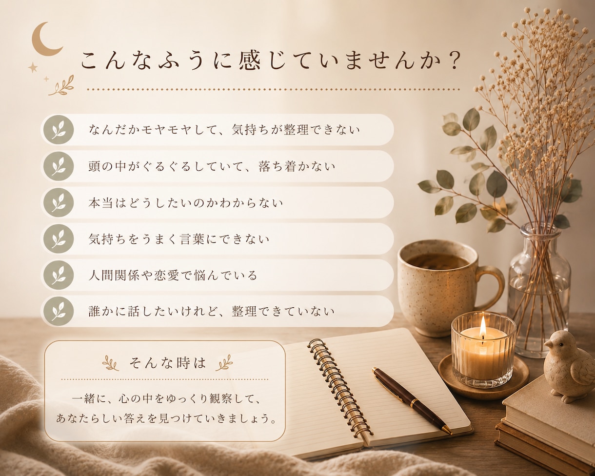 心と身体の観察ノートでモヤモヤを整理します 言葉にならない気持ちを観察し、頭の中のモヤモヤを翻訳します。 イメージ2