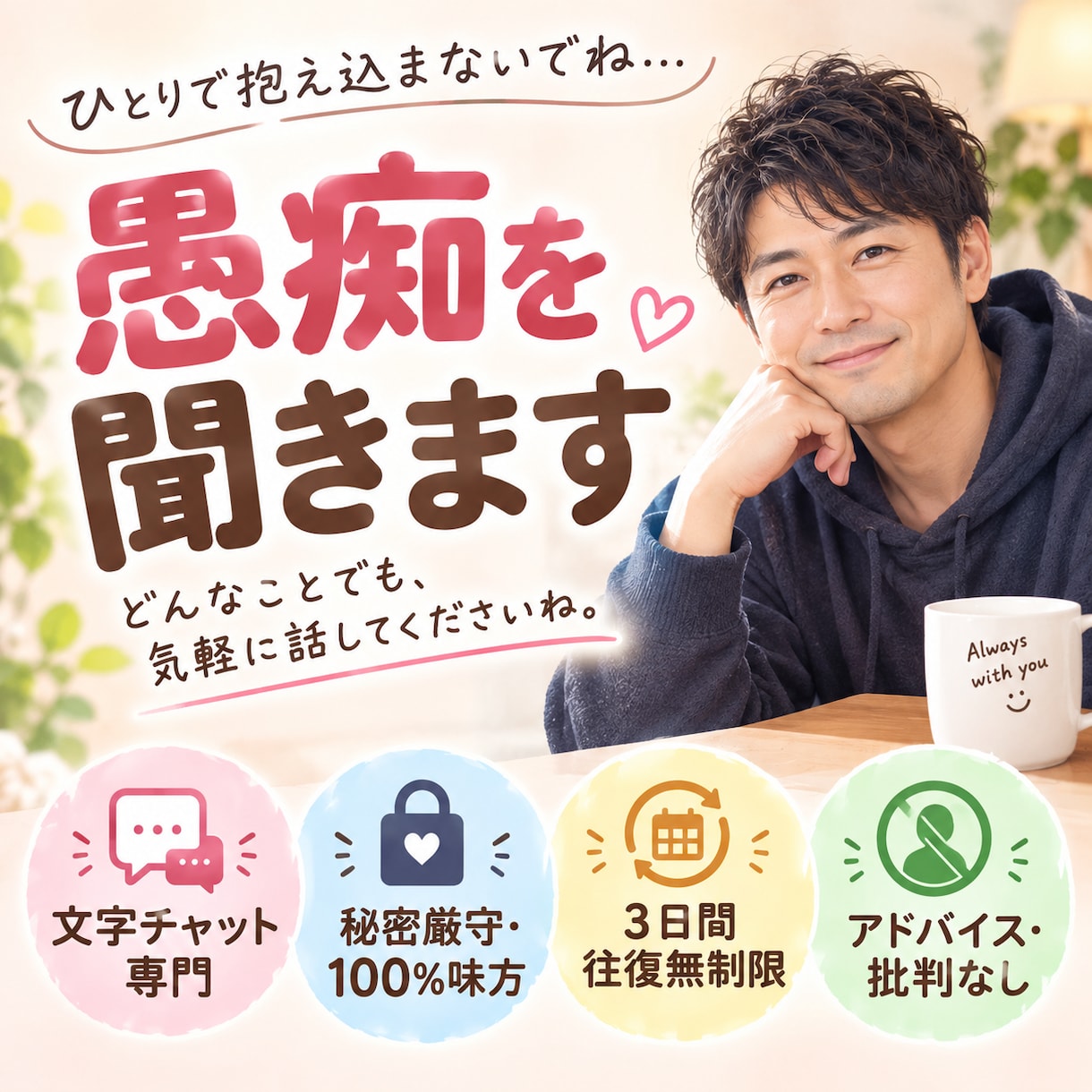 家庭や仕事で愚痴溜まってる方待ってます 24時間いつでもOK。あなたのペースで吐き出せる心の保健室 イメージ1