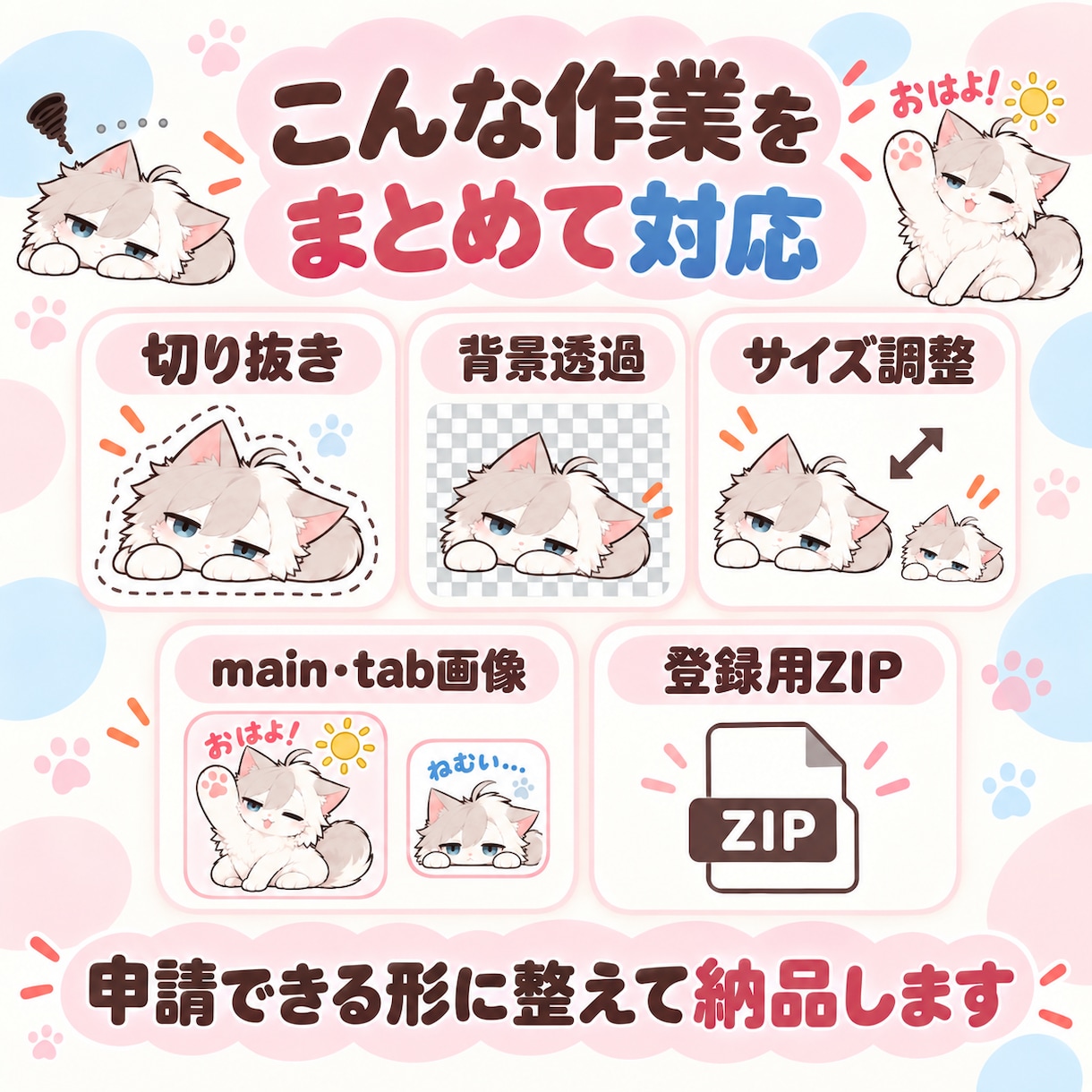 お手持ちのイラストをLINEスタンプ用に仕上げます 背景透過・サイズ調整・登録用ZIPまでまとめて対応！ イメージ2
