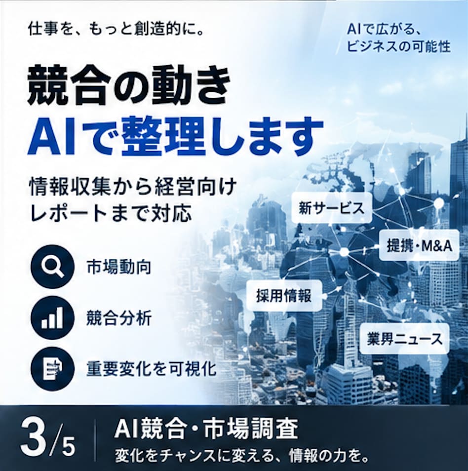 90分で「AIで減らせる仕事」を特定します 生成AI・業務自動化による削減効果と優先順位を診断します。 イメージ3
