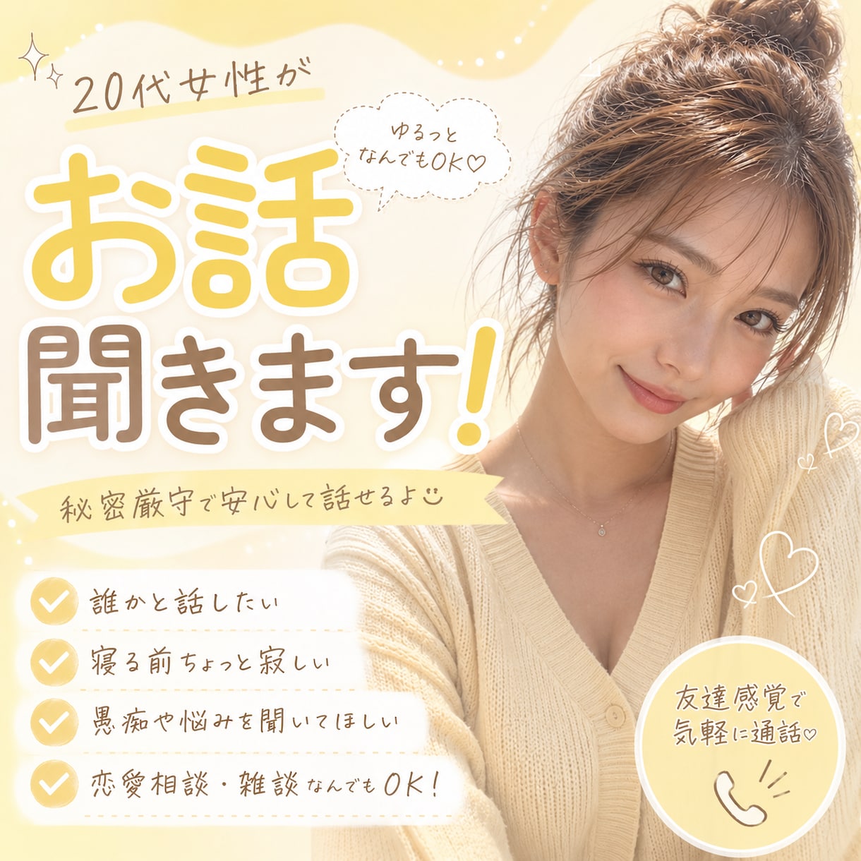 20代女性がお話聞きます 気楽に話したい・趣味の話・相談をしたい、なんでもどうぞ♡ イメージ1