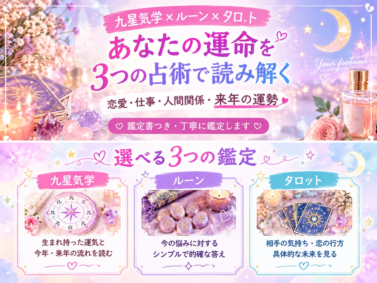 恋愛・仕事の悩みに3つの占術で未来を読み解くます 九星気学×ルーン×タロットで未来が見える イメージ1