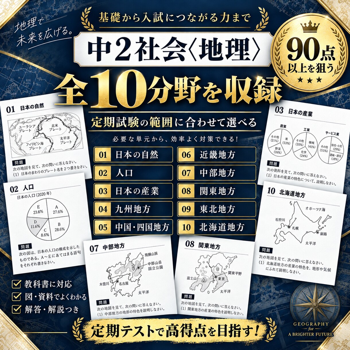 中２社会・地理全分野の定期試験対策問題を提供します 圧倒的な演習量で定期試験で90点以上を狙いましょう！ イメージ9