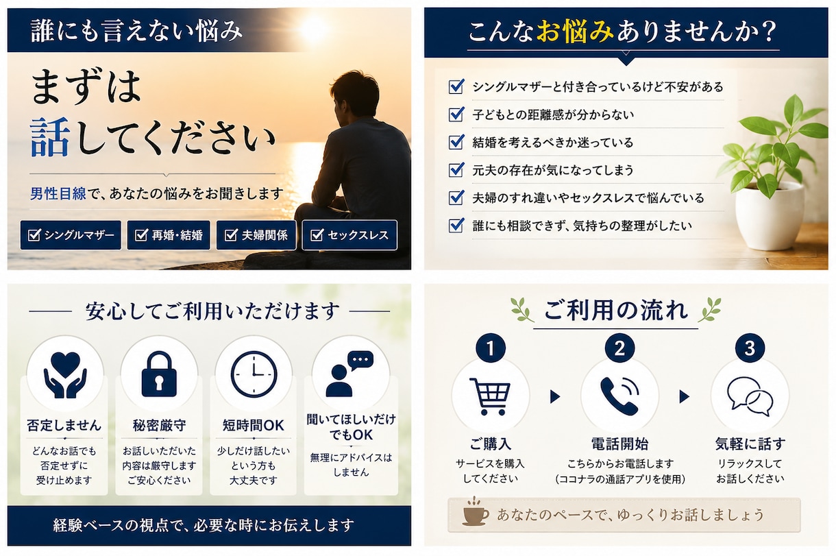 シングルマザー・夫婦関係の悩みをお聞きします まずは聞きます。否定せす男性目線で一緒に整理します。 イメージ2