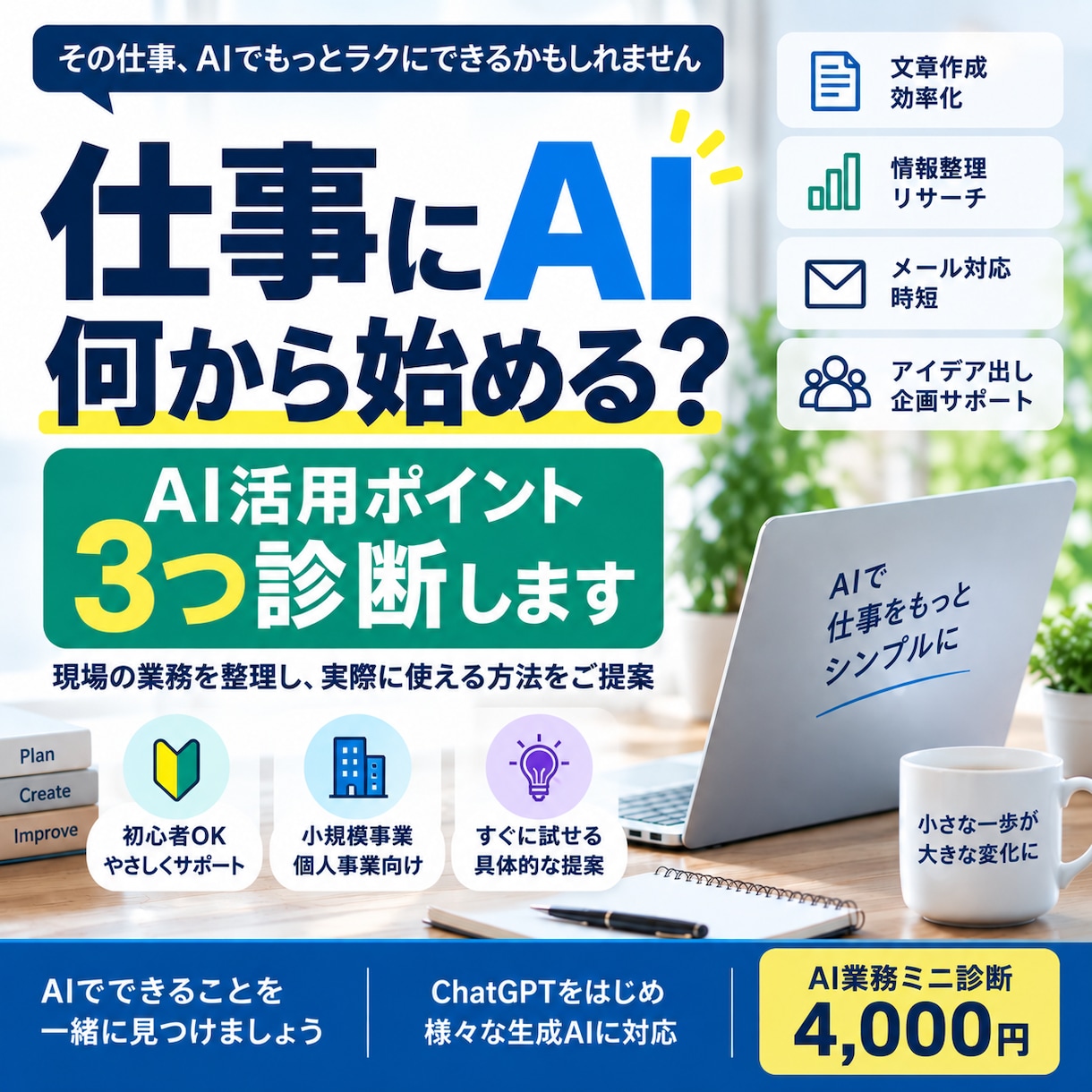 現場の業務を整理し生成AIの活用法を3つ提案ます AI初心者OK！あなたの仕事の活用ポイントを診断 イメージ1