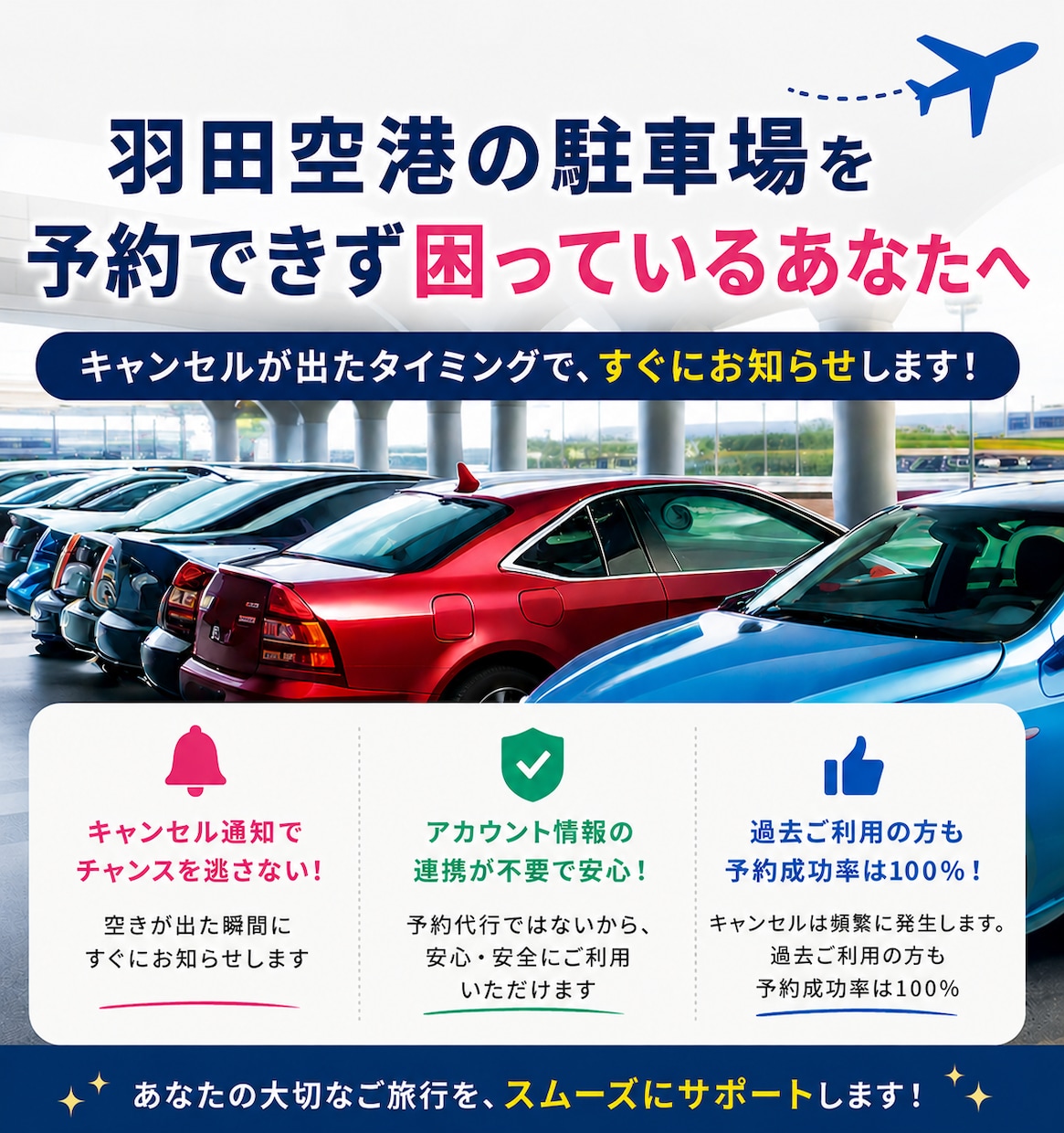羽田空港の駐車場が予約できない方に空車を通知します 満車でも諦めない。自分で予約で安くて安心。気軽にお試し。 イメージ1